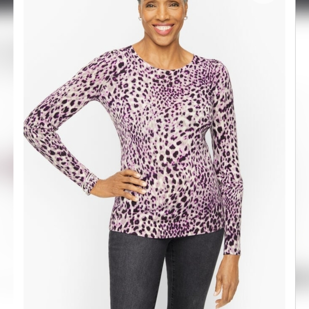 NWT Talbots Pure Merino Wool Animal Print Swirl Crewneck Long Sleeve Sweater Top